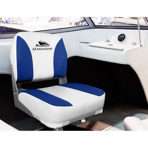 Seamanship 2X Folding Boat Seats Marine Swivel Low Back 13cm Padding White Blue - Picture 4 of 8