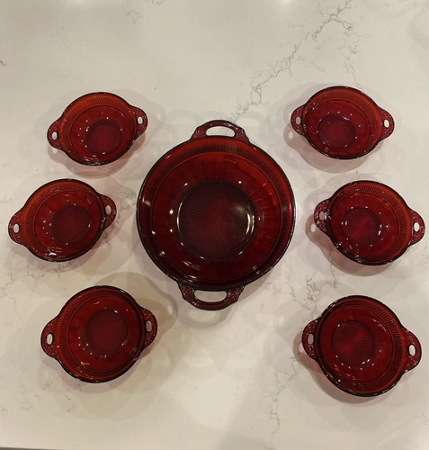Anchor Hocking Glass 1940s Ruby Red Glass Berry Bowl Set, Coronation Handled (7)