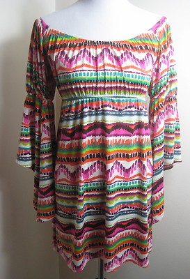 R JOYCE BOHO PEASANT AZTEC STRIPE BELL SLEEVE OFF SHOULDER TUNIC DRESS SIZE S*