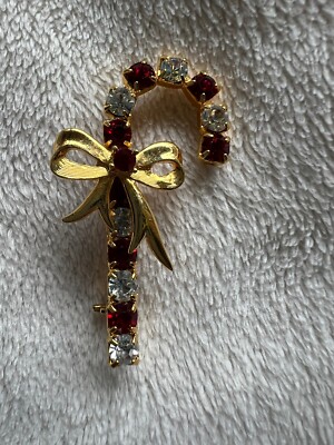Vtg Eisenberg Ice Candy Cane Brooch Bow Red Clear Crystal Rhinestones Jewlery