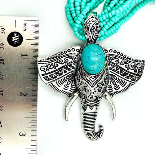 Turquoise Glass Multi Strand Large Elephant Pendant Choker Necklace 18 inch - Picture 10 of 12