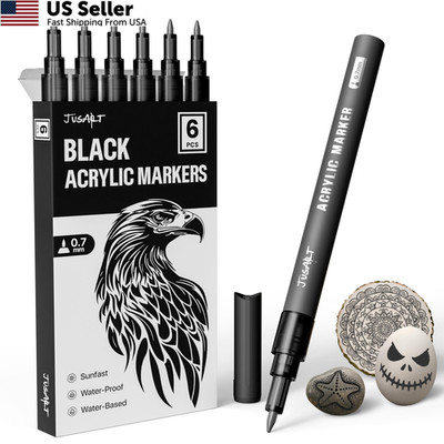 JusArt 6 Pack Black Acrylic Paint Markers, 0.7mm Fine Point 6 PCS, 