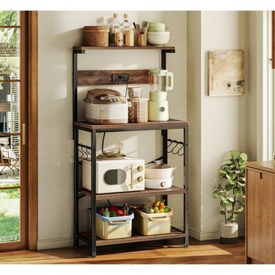 Kitchen Bakers Rack with Power Outlet, Coffee Bar Table 4 Tiers, Kitchen Micr...