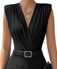 LYANER Women's Black Wrap Bodysuit Sleeveless Deep V-Neck Size M