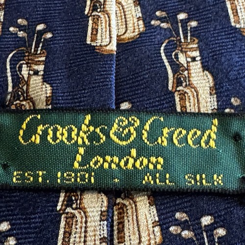 Crooks & Creed London Blue Gold Golf Bag Foulard Novelty Print Men’s Silk Tie - Picture 5 of 8