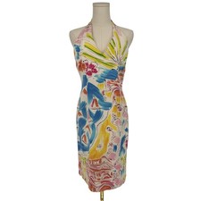 Vintage Y2K David Meister 100% Silk Tropical Resort Print Halter Dress, Size 4