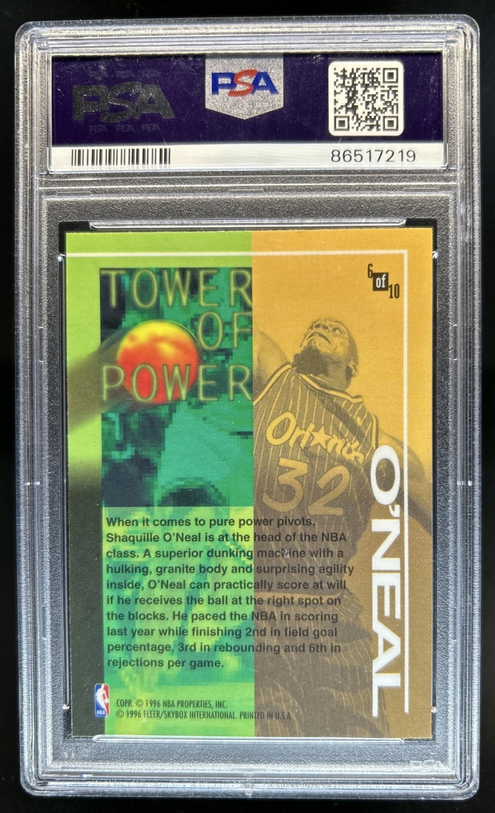 1995-96 Fleer Shaquille O'Neal Tower of Power #6 Magic PSA 9 view 2