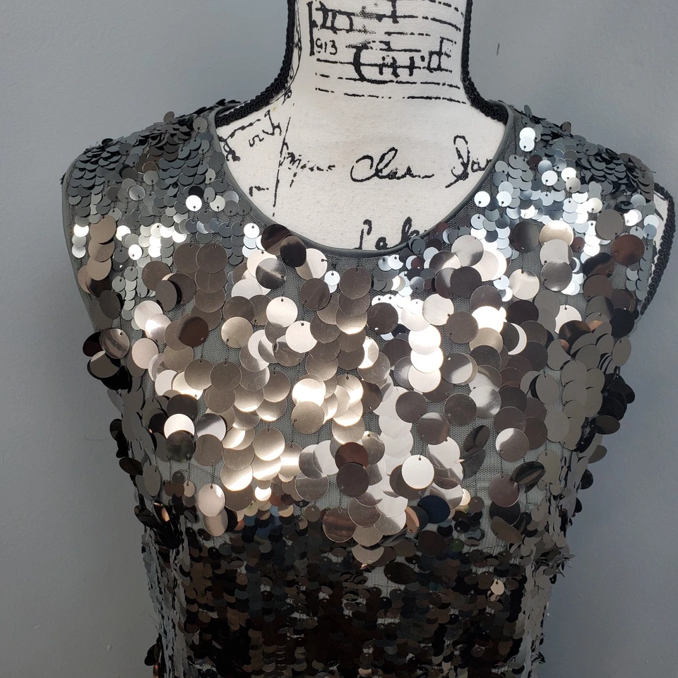 Vestido recto Nicole Miller NY lentejuelas para mujer 16 negro gris ligero cremallera trasera Foto 3 de 4