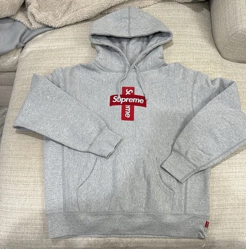 Sweat à capuche gris logo Supreme Cross Box