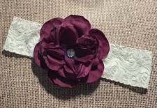 Burgandy Purple Antique Rose White Lace Headband Baby Toddler Girls