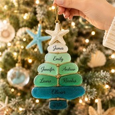 Custom Sea Glass Tree 2026 Ornament, Beach Family Christmas Decor, Personalized