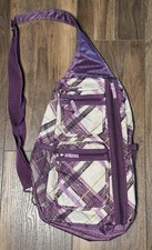 NEW Thirty One Sling Back Backpack Adjustable Bag Plum Plaid Grey Brush Strokes
