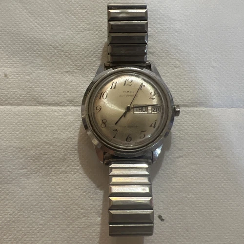 1980 Vintage Timex Automatic Day Date Silver-Tone Stainless-Steel Watch