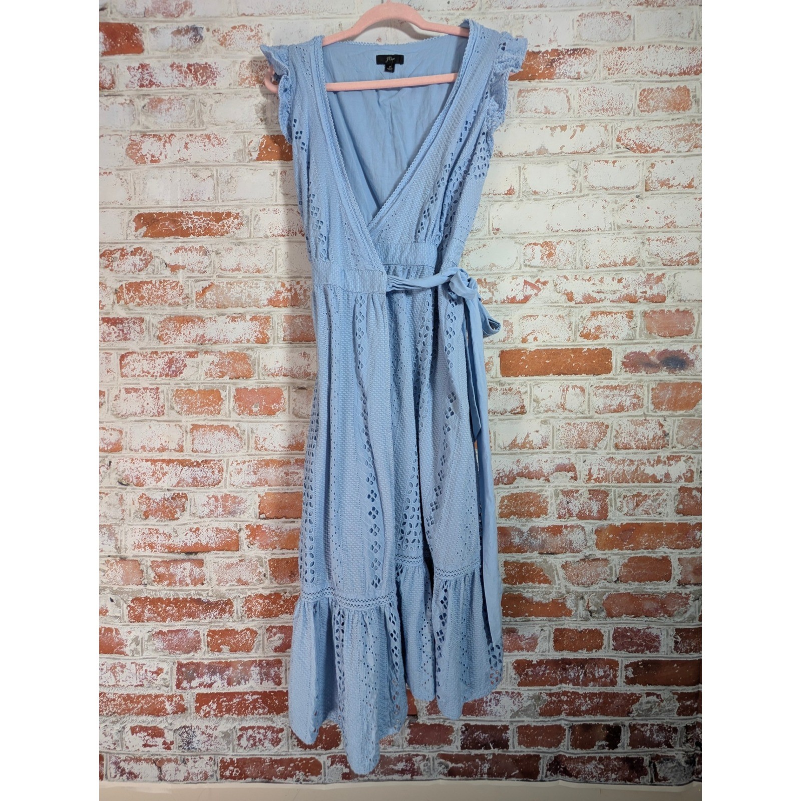J.Crew Eyelet Wrap Midi Dress Womens 2 Blue Ruffle Cotton Summer