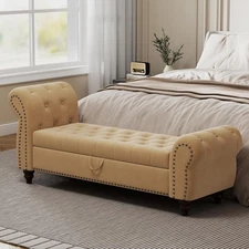Modern Velvet Upholstered End of Bed Bench Storage Ottoman Seat with Rolled Arms