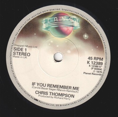 Chris Thompson If You Remember Me 7'' Vinyl UK Planet 1979 Kleine Planet Label