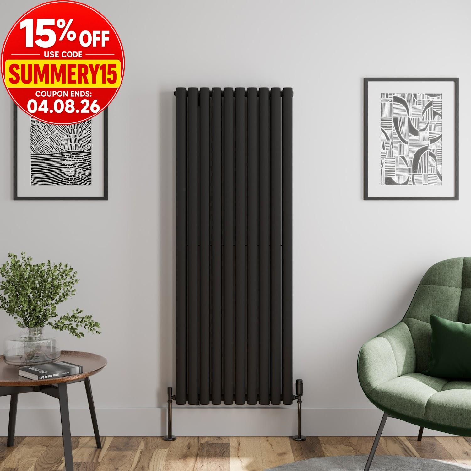 Black Designer Radiator Vertical Oval Double Panel Rad 1600x600mm Steel Modern