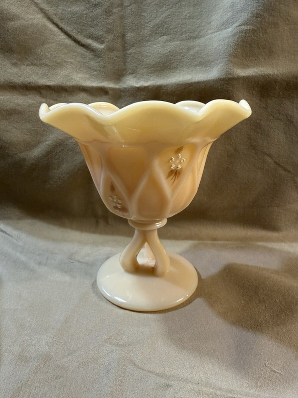 Vintage Westmoreland Almond Slag Glass Compote - Hand Painted Floral - Signed