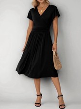 GRECERELLE Women Casual Ruffle Short Sleeve Wrap V-Neck Dress Size L