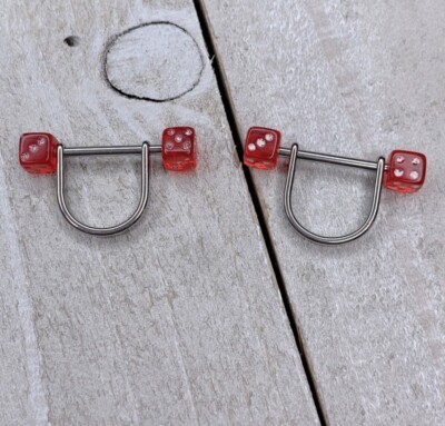 RED DICE NIPPLE RINGS BARBELLS SHIELDS PIERCINGS 14G NEW SURGICAL STEEL