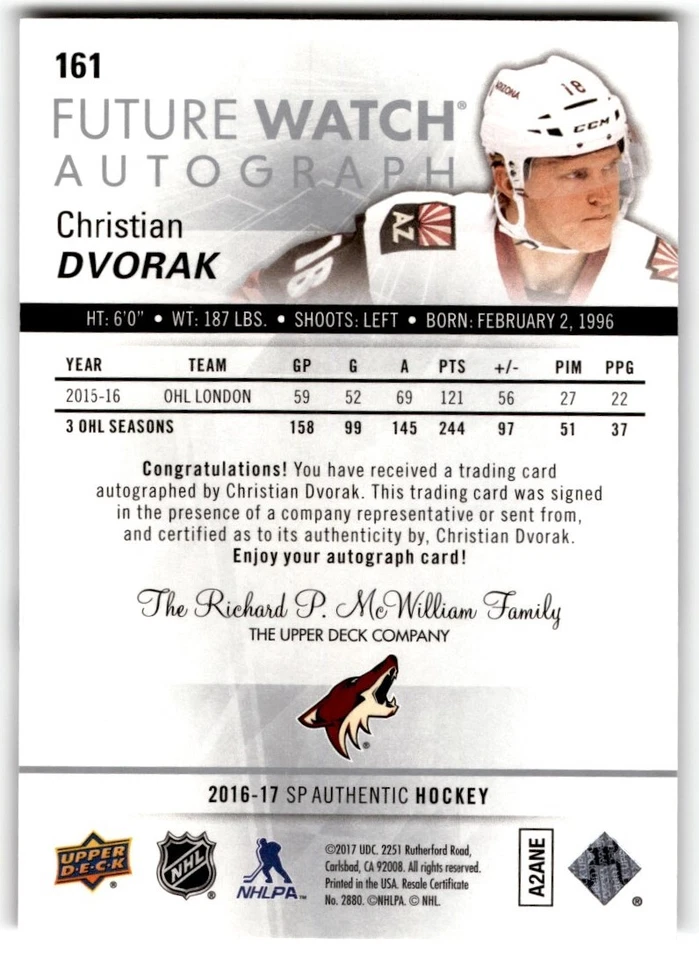 Christian Dvorak 2016-17 SP Authentic Future Watch Rookie Auto /999 #161 Arizona - Image 2 of 2
