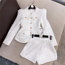 Occident Women's 2pcs Sets Tweed Jacket Short Coat Long Sleeve Shorts Pants Slim