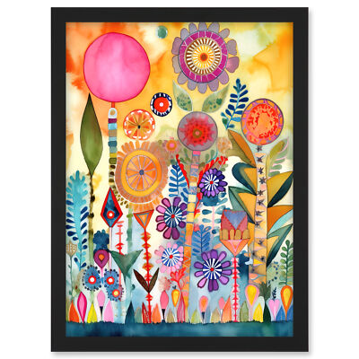 Garden Flowers Spring Modern Folk Art Watercolour Framed Art Picture Print A3