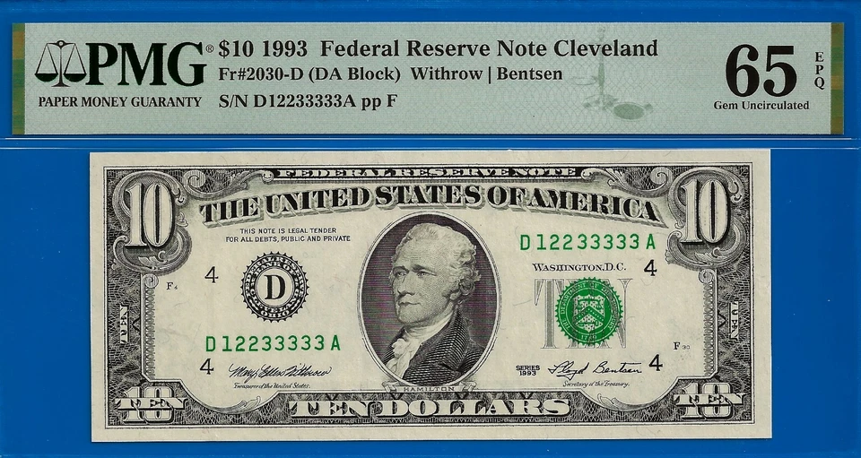 1993 $10 Federal Reserve Note PMG 65EPQ Up Ladder 12233333 Fancy Serial - Image 2 of 3