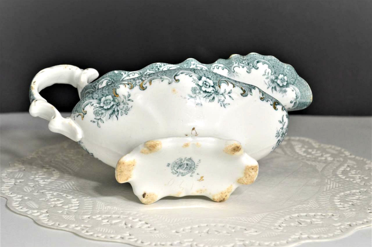 Antique W H Grindley Argos Green and White Gravy Boat NO Underplate