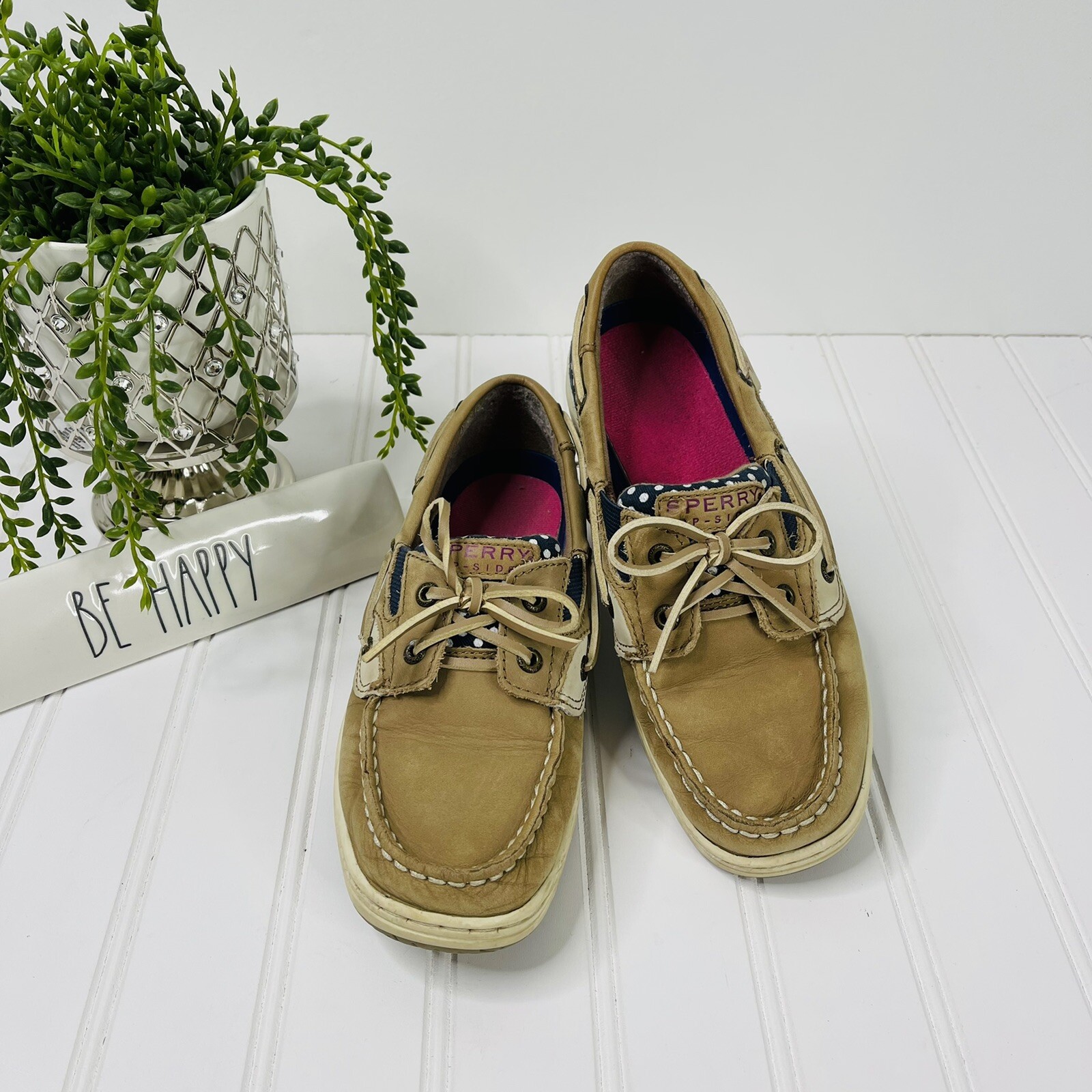 Polka dots Tan Navy Leather Boat Shoes 