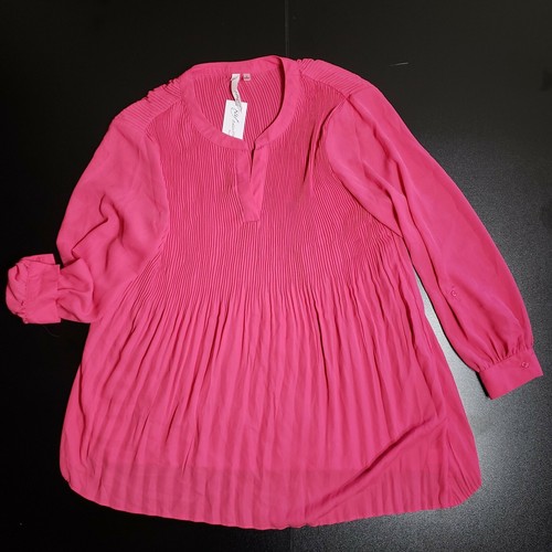 NY Collection Womens Plus Pleated Asymmeric Blouse Hot Pink 1X - Picture 2 of 8
