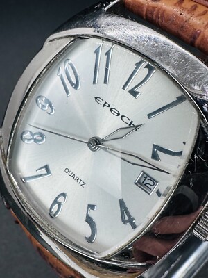 Working Epoch Stainless Steel Case Genuine Leather Quartz Analog Mens Watch E6