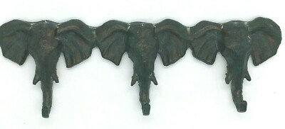 Vintage Andrea by Sadak Iron Wall Hang 3 Lucky Elephant Head Hooks Hat Coat Rack