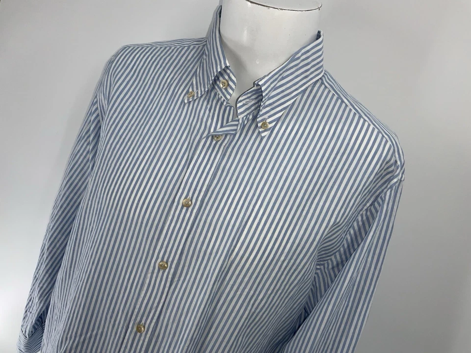 Camisa con botones Stenstroms para hombre XL azul blanco a rayas algodón cáñamo ajustada YGI Y4-59 Foto 3 de 4