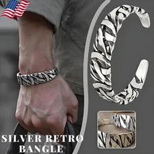 Men Bracelet Sterling Silver Retro Twisted Open Wide Bangle Cuff Bracelet USA
