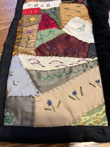 Vintage Victorian Era Silk Velvet Embroidered Crazy Quilt Table Runner 20” x 13” - Picture 6 of 12