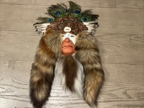 Vintage Native American Style Spirit Mask Wall Decor Real Fur Leather 21”