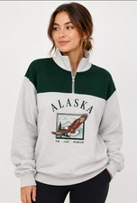 Vintage ALASKA Graphic Eagle Colorblock Fleece Quarter Oversized Medium T50