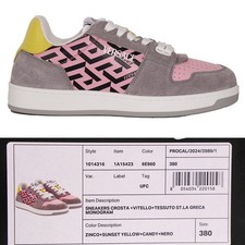 38 NEW 995 VERSACE Woman's Gray Suede PINK LA GRECA Leather Low Top SNEAKERS