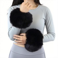 Winter Women Fuzzy Arm Warmers Girls Faux Fur Short Wrist Medium Navy-black