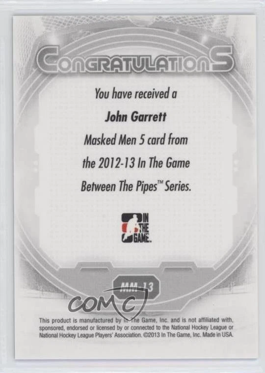 2012-13 ITG Between the Pipes Men 5 Gold /10 John Garrett #MM-13 - Image 2 of 2