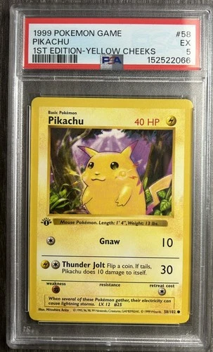 Pokemon TCG Pikachu 58/102 Base Set 1st Edition Shadowless  Yellow-Cheek PSA 5