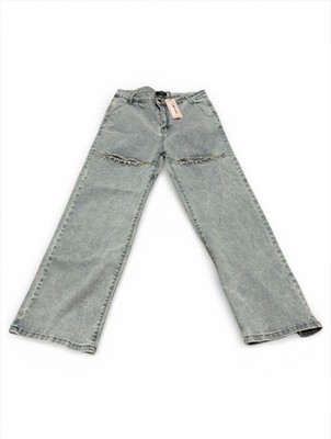 MICA Women's Jeans Wide Leg Rhinestone Slit Embellishments Large 8-10 Light Blue