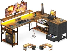 AODK 61" L Shaped Desk with Drawer, Computer Desk with Power Outlets & LED Light