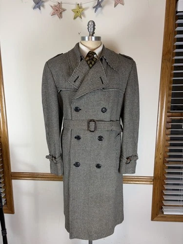 VTG AUSTIN REED X GLENEAGLES WOOL HOUNDSTOOTH DOUBLE BREASTED TRENCH COAT 44L - product listing photo