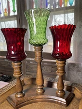 3 Vintage Homco Glass Peg Votives Honeycomb 2 Ruby Red, 1 Green Christmas