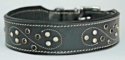 Exclusives Leder-Halsband schwarz Strass + Zier-Steppung TOP LEDER Gr 35 - 40 cm