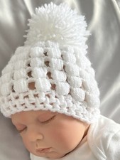 Brand New hand made crochet baby hat, White with pom pom for Early Baby