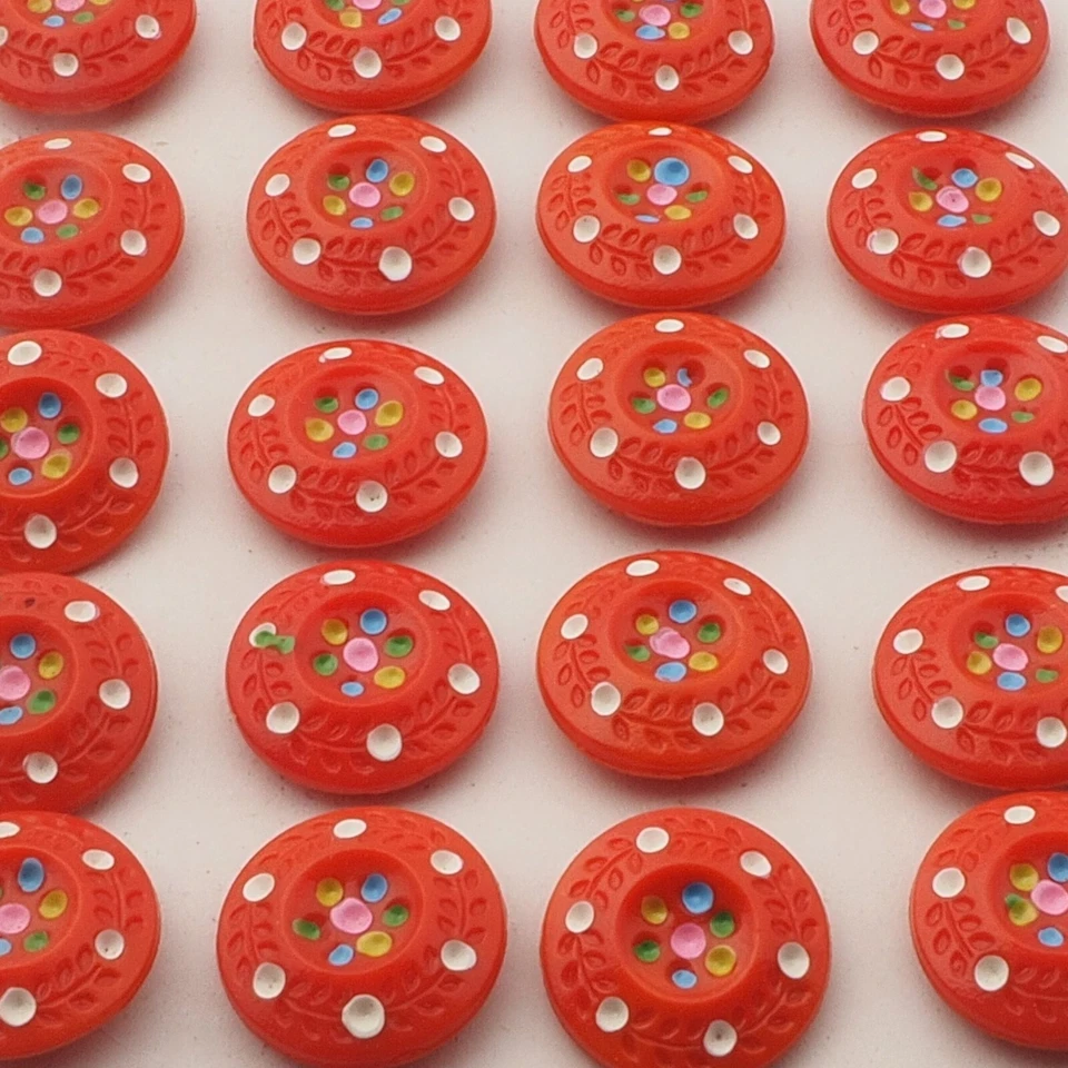 Card (24) antique Czech 1930's hand painted red flower glass buttons 18mm - Image 2 of 3
