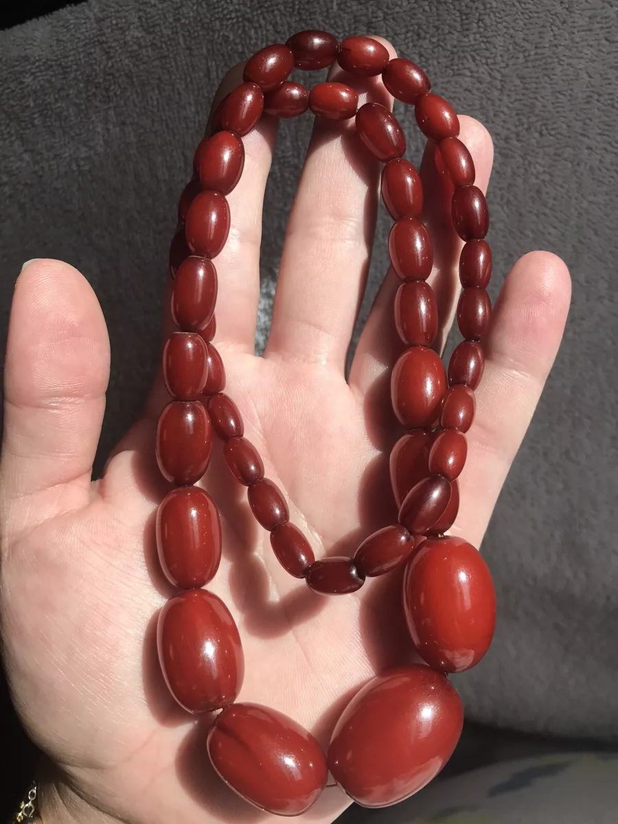 Art Deco Cherry Amber Bakelite Graduated Bead Necklace 44 Gr 30” Long